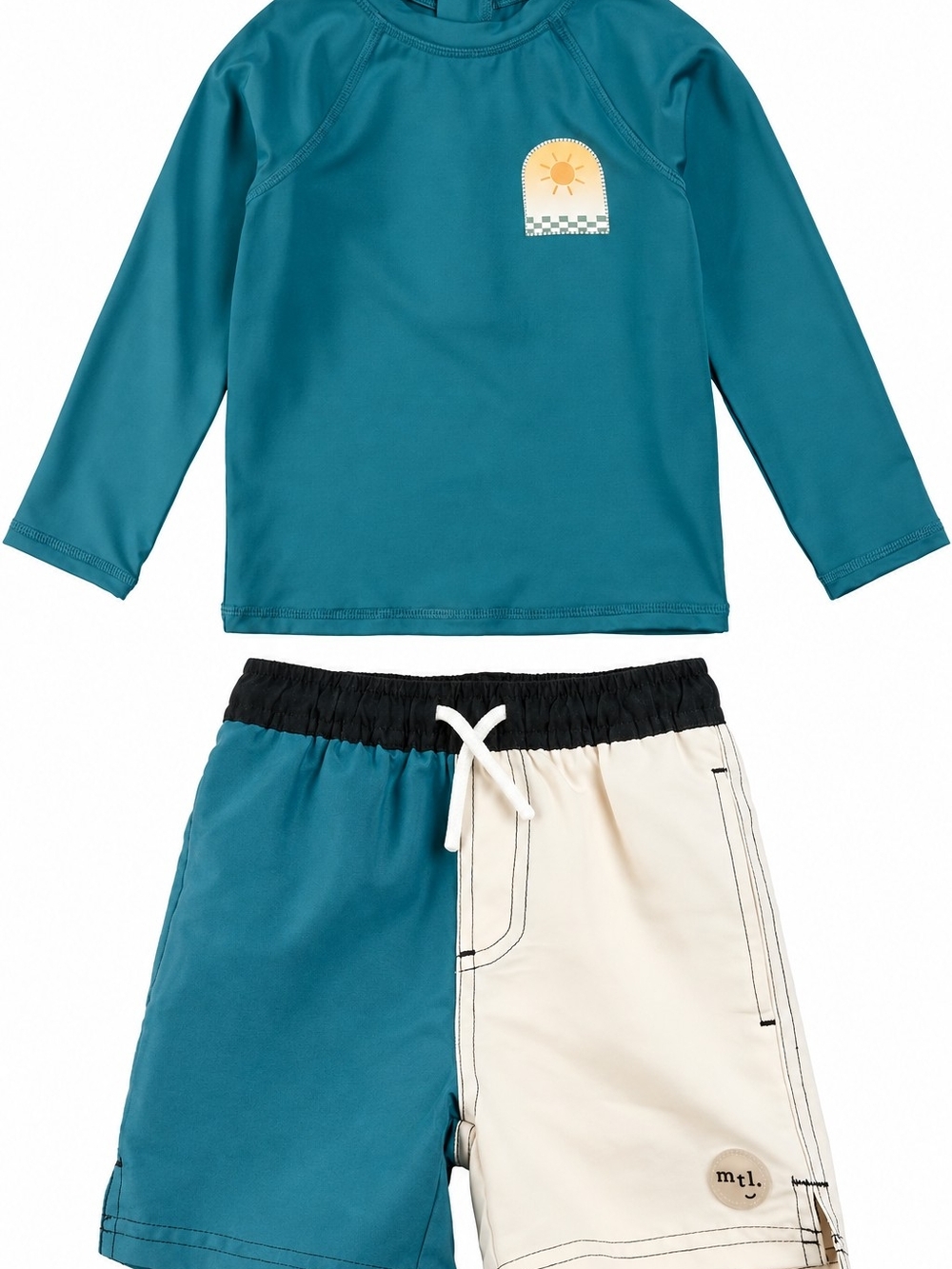 Miles The Label 5T Boys Swim Set Teal & Cream Long-Sleeve Rashguard Swim Trunks